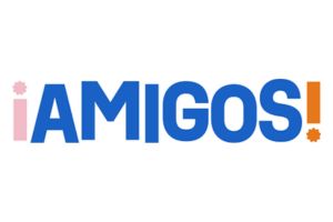 The word “¡AMIGOS!” is written in bold blue letters. The exclamation marks are pink and orange, each with a small gear-like shape at their base.