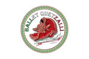 Logo for Ballet Quetzalli featuring a stylized red quetzal bird with green and red text. A circular border has a Greek key design, and text below reads “Grupo de Danza Folclórica” and “desde 2007, IL.”.