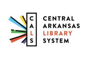 Central Arkansas Library System logo with CALS vertical in a rectangle, colorful lines on the left, and Central Arkansas Library System text on the right, with Library in orange.