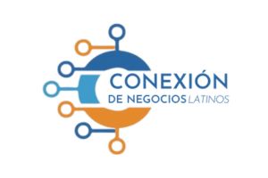 Logo of Conexión de Negocios Latinos featuring a stylized blue and orange circle with six connected nodes, and the text beside it in blue and gray.