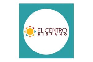 Logo for El Centro Hispano, featuring a yellow geometric shape surrounded by colorful small triangles, with EL CENTRO HISPANO text in red and brown on a white circle over a teal background.