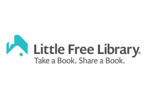 Little Free Library logo with a teal house and book icon on the left, and the text Little Free Library. Take a Book. Share a Book. on the right.