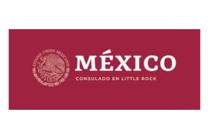 Logo of the Consulate of Mexico in Little Rock, featuring the Mexican coat of arms and the words MÉXICO CONSULADO EN LITTLE ROCK on a dark red background.