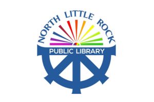 North Little Rock Public Library logo with blue text and a semicircle of rainbow-colored rays above the words Public Library on a blue circular emblem.