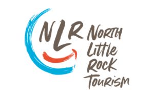 Logo for North Little Rock Tourism. NLR is written in bold letters surrounded by a blue arc and a red curved line, with North Little Rock Tourism written to the right in a casual script.