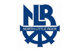 Blue logo with the letters NLR above a horizontal bar that reads North Little Rock; the bar overlaps a partial wheel or gear symbol below. The design is on a white background.