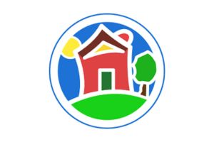 A colorful, stylized drawing of a red house with a green door and a tree on a green hill, set against a blue sky with yellow and red shapes, all enclosed within a blue circle.