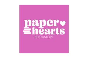 Logo for Paper Hearts Bookstore, featuring bold white text on a pink background with a heart shape replacing the a in hearts and the word BOOKSTORE in smaller text below.