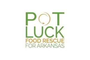 Logo for Potluck Food Rescue for Arkansas. The word POTLUCK is in green, with the O formed by a circular arrow. FOOD RESCUE FOR ARKANSAS is in gold and green lettering below.
