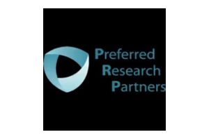 Logo of Preferred Research Partners featuring a blue abstract shield shape on the left, with the letters PRP vertically aligned and Preferred Research Partners written on the right, all on a black background.