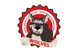 Cartoon wolf mascot giving a thumbs up, inside a red ribbon badge that reads Ridge Road Elementary. A banner at the bottom displays WOLVES in bold red letters.