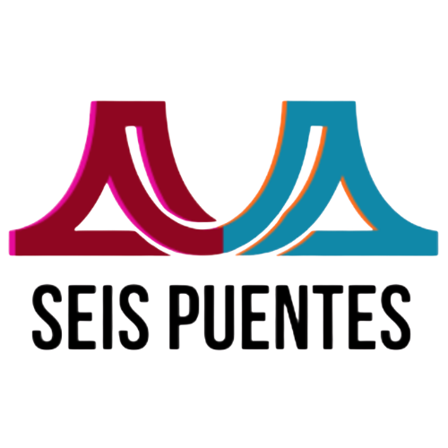 Logo with two stylized bridge shapes, one in burgundy and one in blue, intertwined at the center. Below, the text SEIS PUENTES is written in bold, black capital letters on a white background.