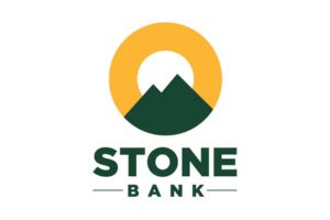 Logo for Stone Bank featuring a stylized green mountain with a yellow circular shape behind it, resembling a sun. Below the image, STONE BANK is written in bold green letters.