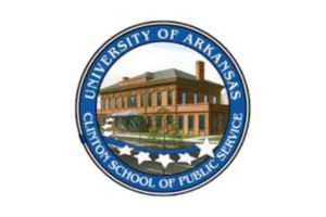 Official seal of the University of Arkansas Clinton School of Public Service, featuring an illustration of a brick building with trees, surrounded by a blue circular border with the schools name.