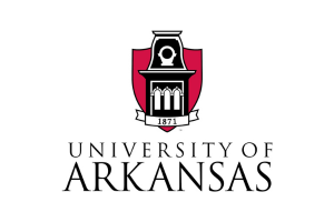 University of Arkansas logo featuring a red and black shield with a clock tower, the year 1871, and the text University of Arkansas beneath it.