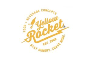Yellow Rocket logo in yellow text with a rocket graphic. Surrounding text reads: “Food Beverage Concepts,” “Yellow Rocket,” “Est. 2008,” and “Stay Hungry, Crave More.” Logo is on a white background.